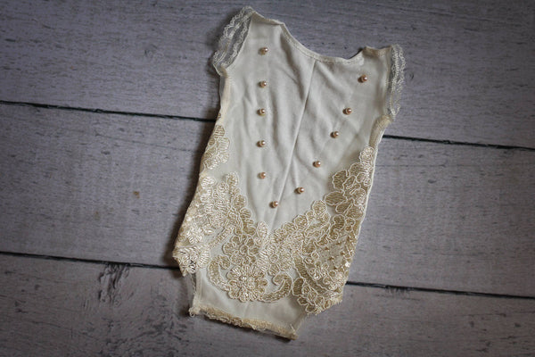 Sheer Lace Pearl Romper / V Back Onesie with Pearl Accents - Willow Mint Props