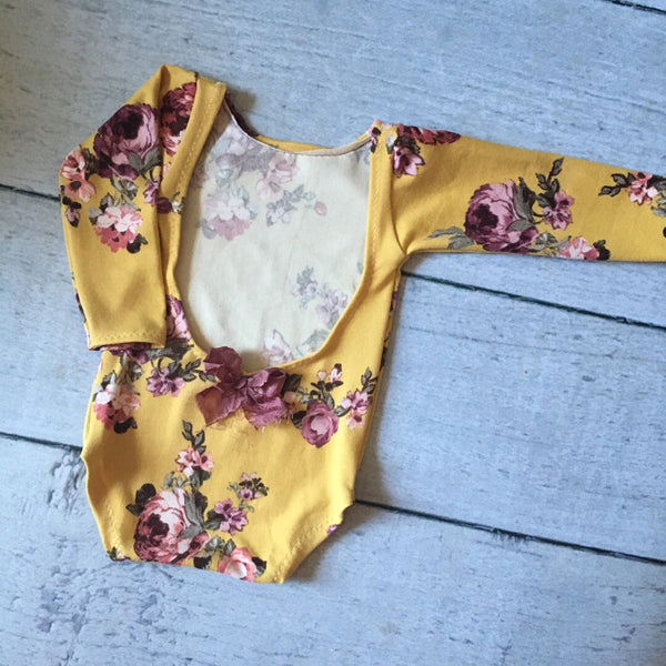 Long Sleeve Floral Romper / Scoop Back Onesie with Trim Accents - Willow Mint Props