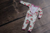 Floral Long Sleeve Romper / Open Back Onesie with Long sleeve and Long Legs / Beige