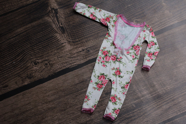 Floral Long Sleeve Romper / Open Back Onesie with Long sleeve and Long Legs / Beige - Willow Mint Props