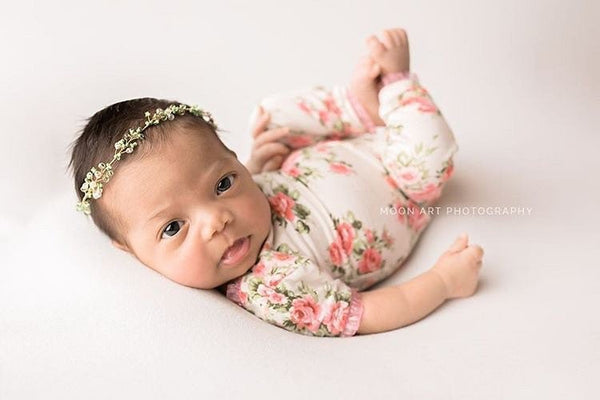 Floral Short Sleeve Romper / Open Back Onesie with Short sleeves and Long Legs / Beige - Willow Mint Props