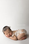 Sheer Lace Pearl Romper / V Back Onesie with Pearl Accents