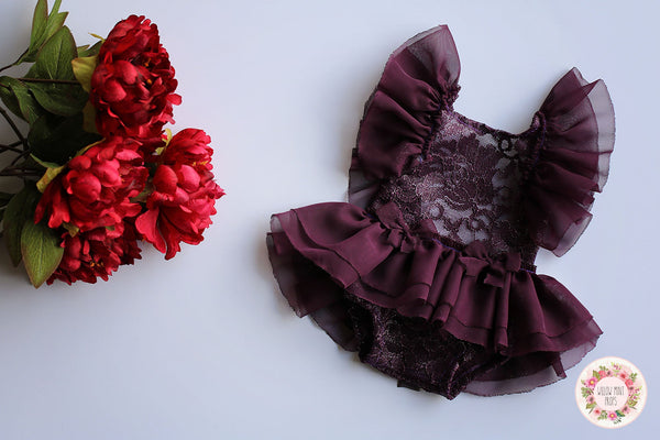 Plum Lace Romper / Ruffle Sleeve Romper with Ruffle Skirt - Willow Mint Props