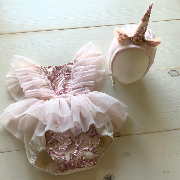 Pink and Gold Unicorn Sequin Bonnet and Dress